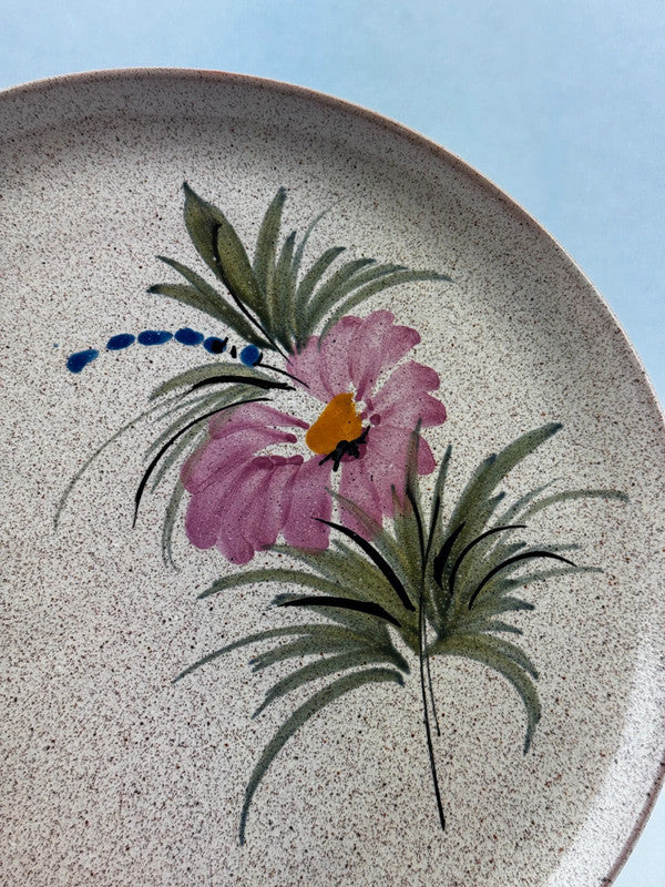 Lot 4 Assiettes Plates Vintage Grès Moucheté Fleur Rose | Diam. 25 cm