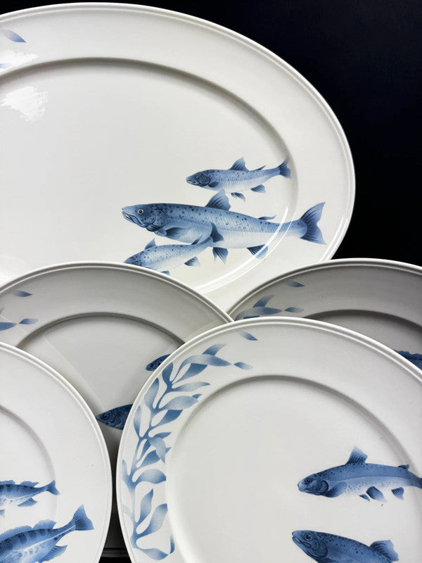 Villeroy & Boch Pescara Service porcelaine poissons bleus 6 assiettes + plat