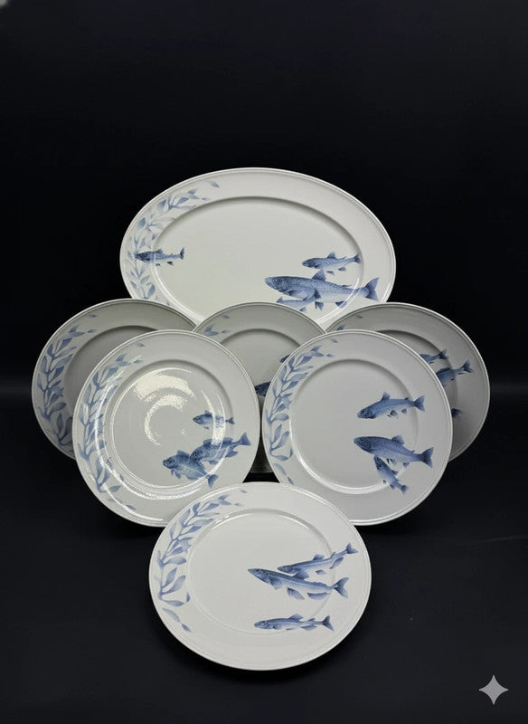 Villeroy & Boch Pescara Service porcelaine poissons bleus 6 assiettes + plat