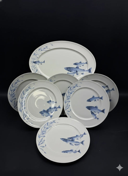 Villeroy & Boch Pescara Service porcelaine poissons bleus 6 assiettes + plat