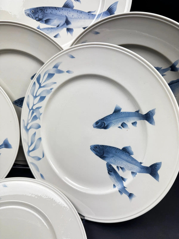 Villeroy & Boch Pescara Service porcelaine poissons bleus 6 assiettes + plat