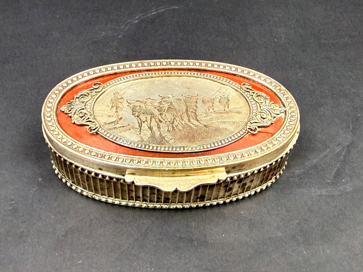 Boîte, coffret à bijoux en cuivre argenté, scène champêtre