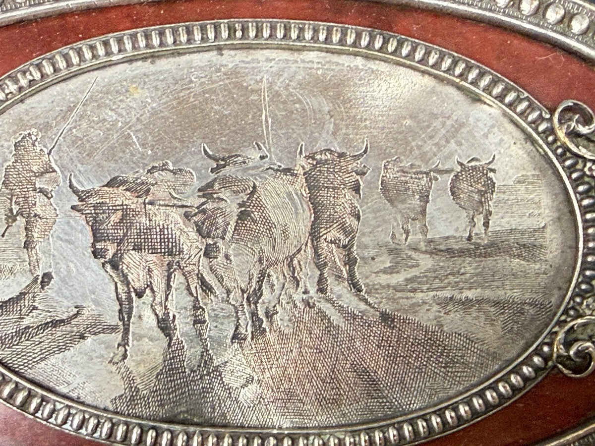 Boîte, coffret à bijoux en cuivre argenté, scène champêtre