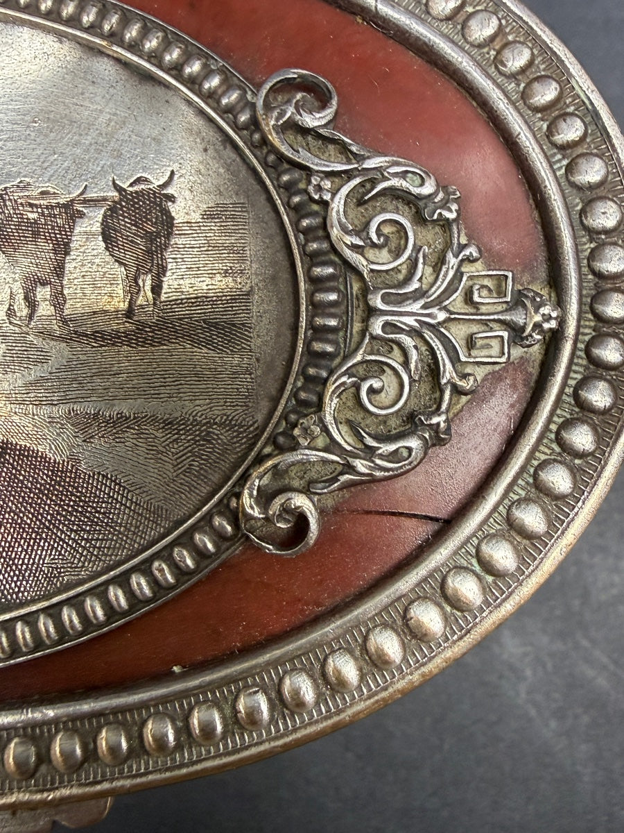 Boîte, coffret à bijoux en cuivre argenté, scène champêtre