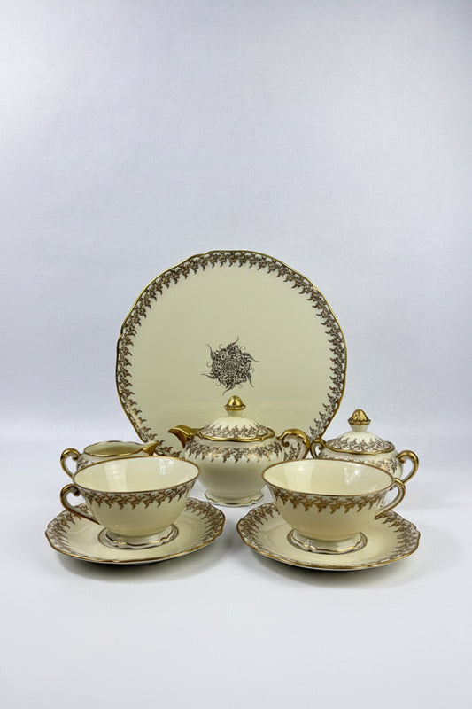 Tête-à-tête Limoges ivoire et or, service à thé vintage 8 pièces
