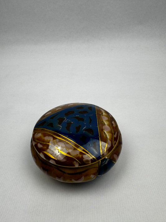 Bonbonnière Tharaud Limoges émail bleu et brun à décor doré – vers 1950