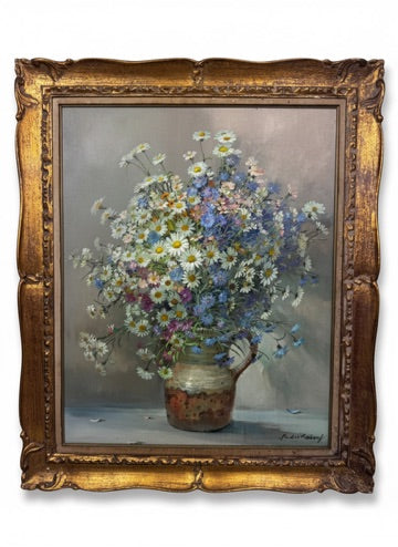 André Robert – Bouquet champêtre dans un pichet en grès – Huile sur toile, 90 × 70 cm