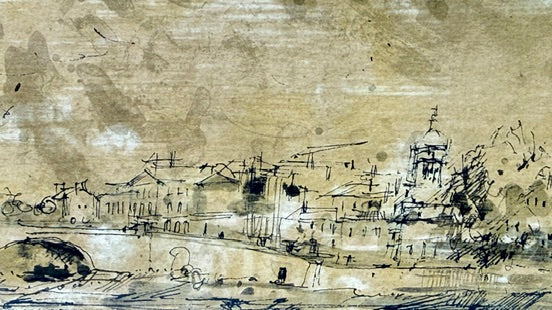Dessin original encre et aquarelle La Charité sur Loire XXe siècle encadré