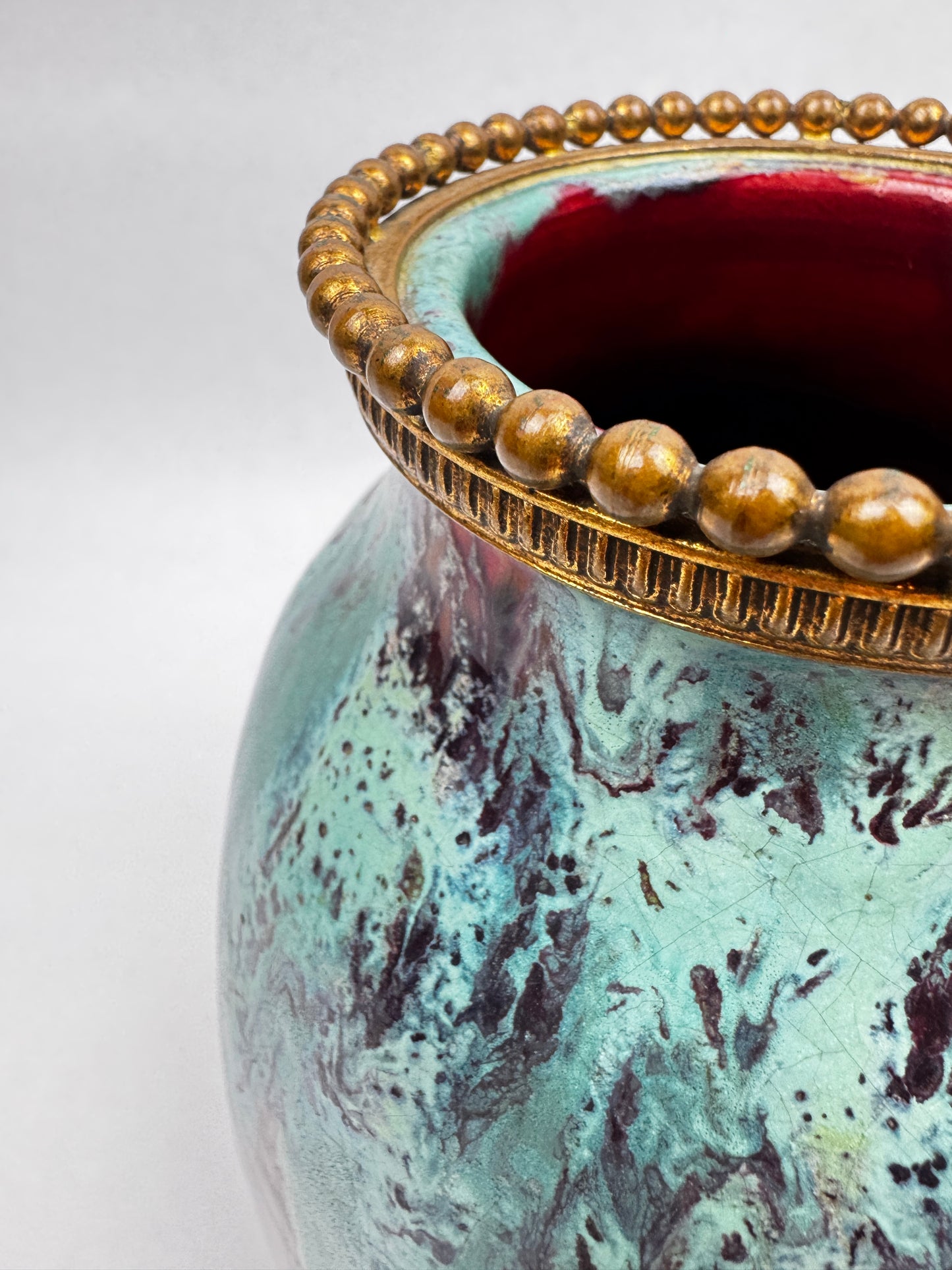 Vase CAB (Céramique d’Art de Bordeaux) – glaçure vert turquoise & rouge-bordeaux