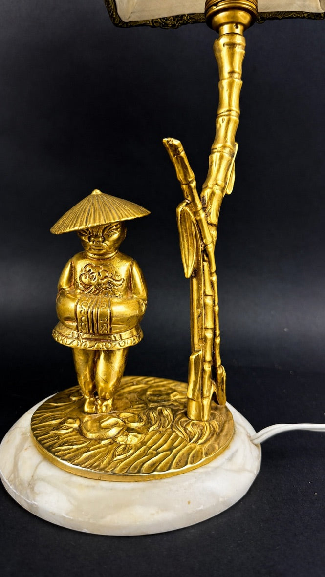 Paire de lampes de chevet, Madame, Monsieur, personnages asiatiques en bronze