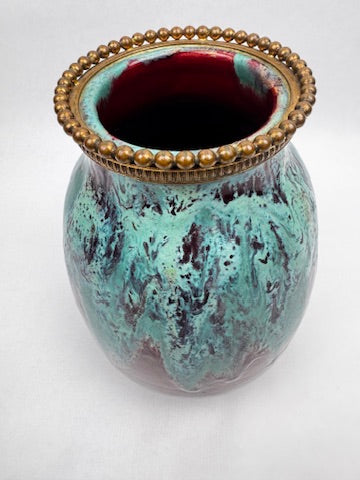 Vase CAB (Céramique d’Art de Bordeaux) – glaçure vert turquoise & rouge-bordeaux