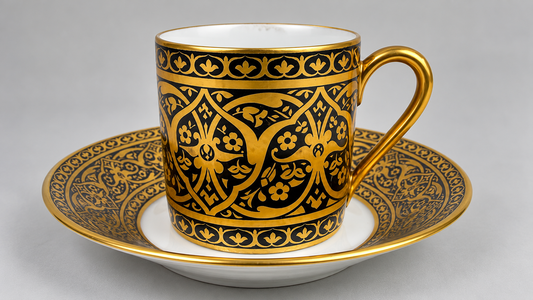 Tasse à café et soucoupe F. Legrand & Cie – Porcelaine de Limoges, décor noir et or