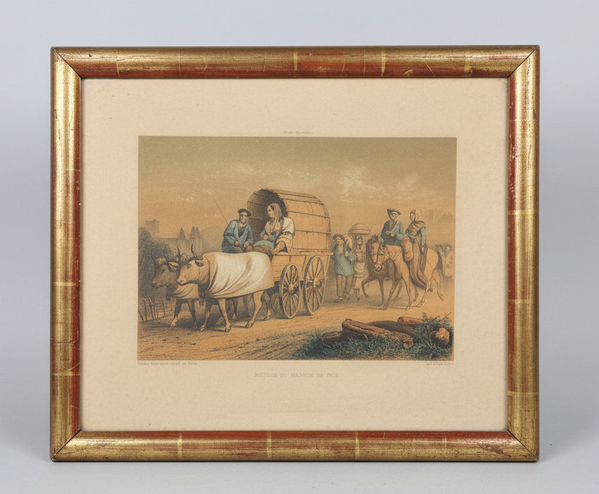 Ancienne lithographie en couleurs, Retour du marché de Pau
