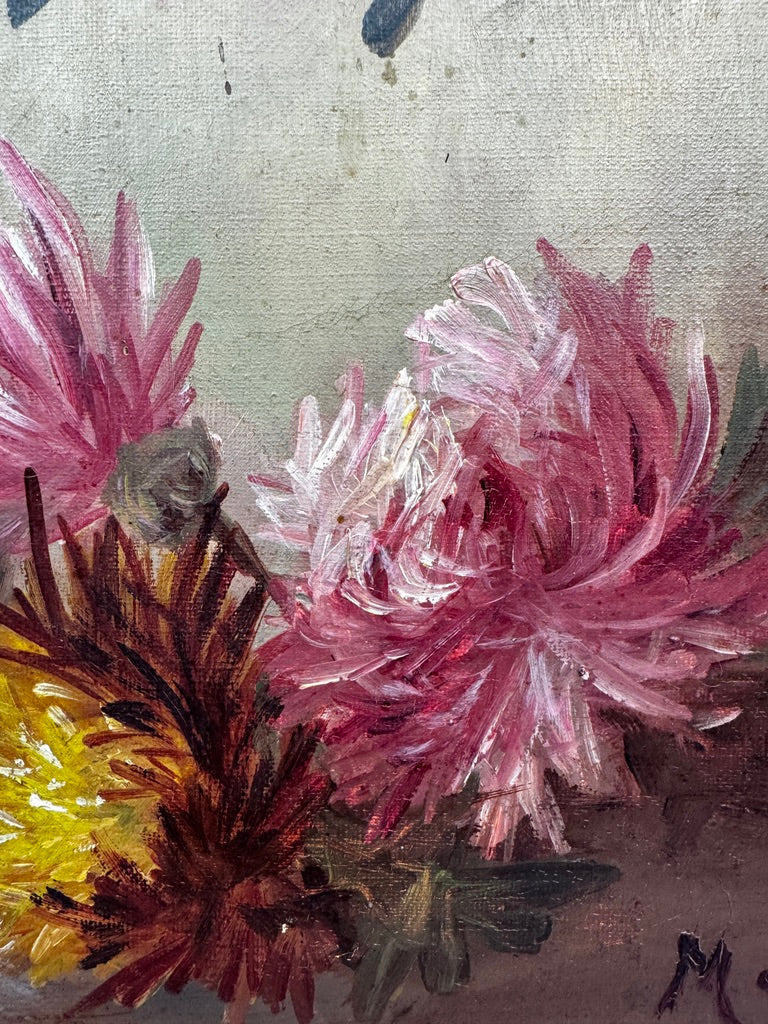 Nature morte aux chrysanthèmes – huile sur toile signée Mme de Lavillaine 60x50 cm