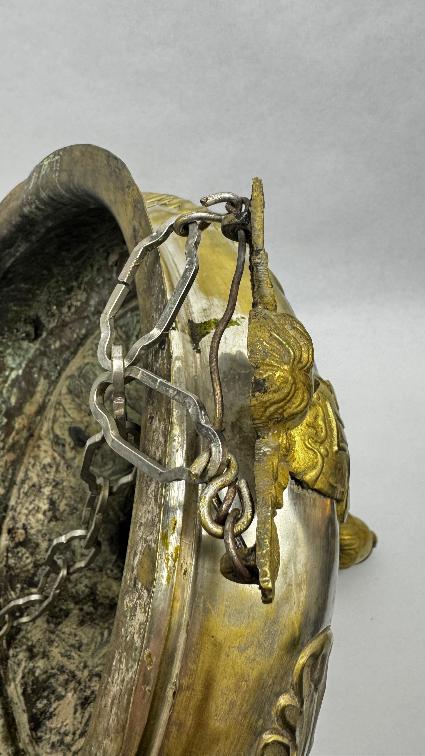 Lampe de sanctuaire ancienne laiton argenté ange ailé 130 cm