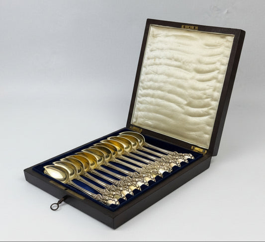 12 cuillères dessert vermeil argent Minerve XIXe rocaille coffret poirier noirci