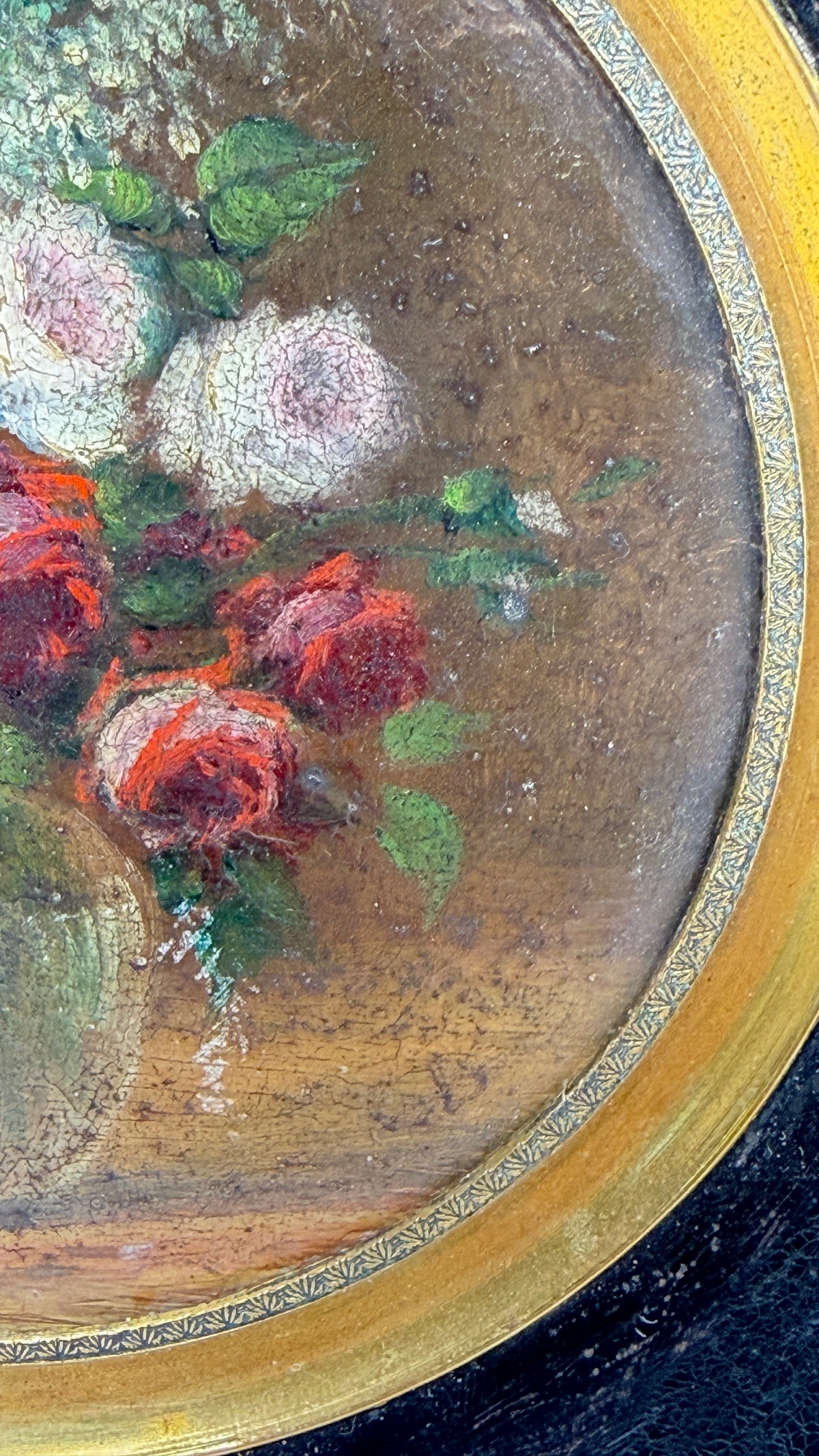 Bouquet de fleurs, miniature peinte dans son cadre noir et or, vers 1900