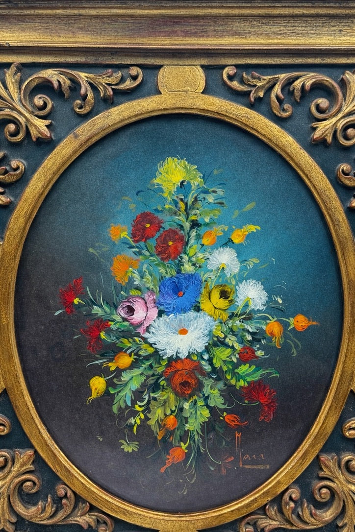 Tableau bouquet de fleurs ovale cadre bois doré style Napoléon III vintage