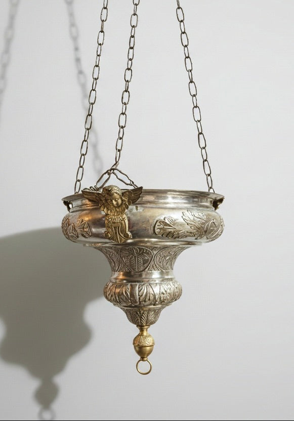 Lampe de sanctuaire ancienne laiton argenté ange ailé 130 cm
