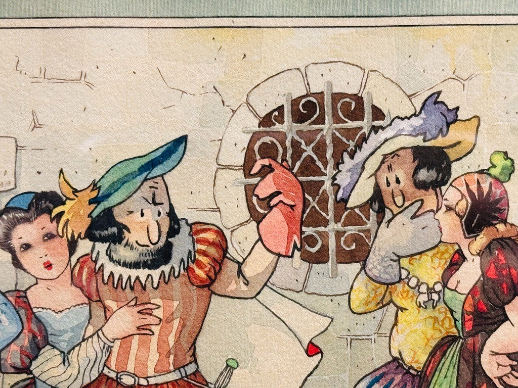 André Reuze (1896–1984) Aquarelle originale Scène de rue médiévale