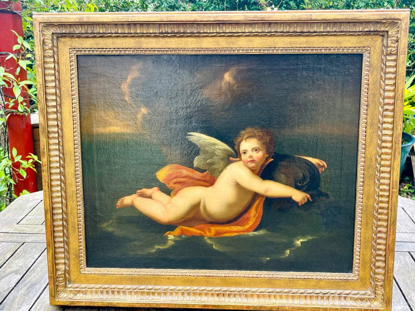 Huile Sur Toile, école Fin 17ème Début 18ème, Amour Tiré Par Un Dauphin