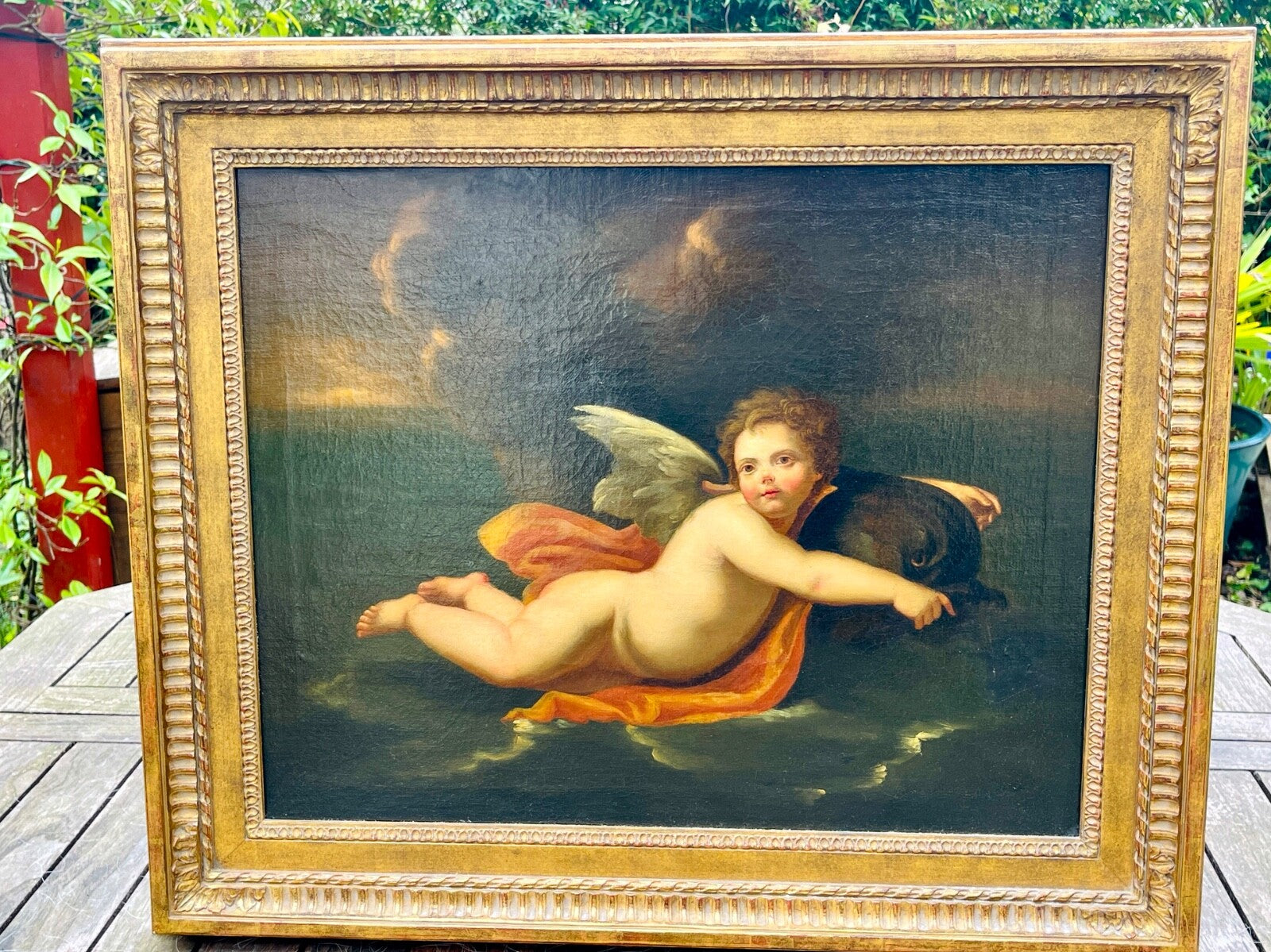 Huile Sur Toile, école Fin 17ème Début 18ème, Amour Tiré Par Un Dauphin