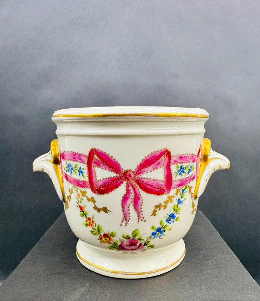 Cache-pot en porcelaine de Paris Décor rubans et fleurs XIXe siècle