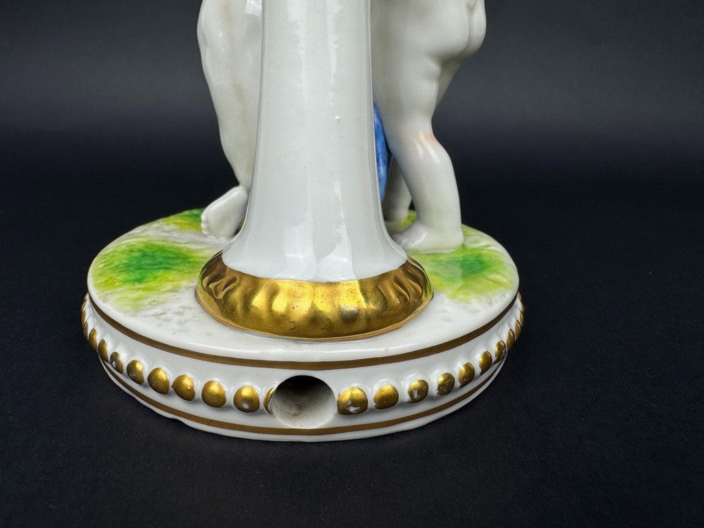 Pied de lampe, bougeoir ancien en porcelaine de Dresde, putti fleuris, XIXe