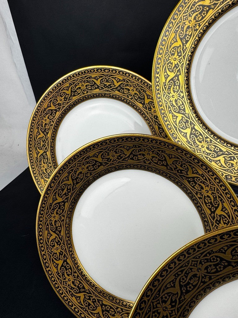6 assiettes anciennes Limoges F Legrand noir et or, 18,5 cm