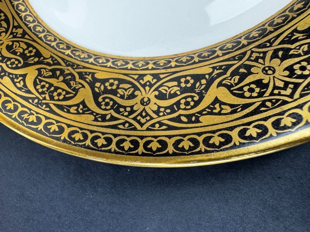 6 assiettes anciennes Limoges F Legrand noir et or, 18,5 cm