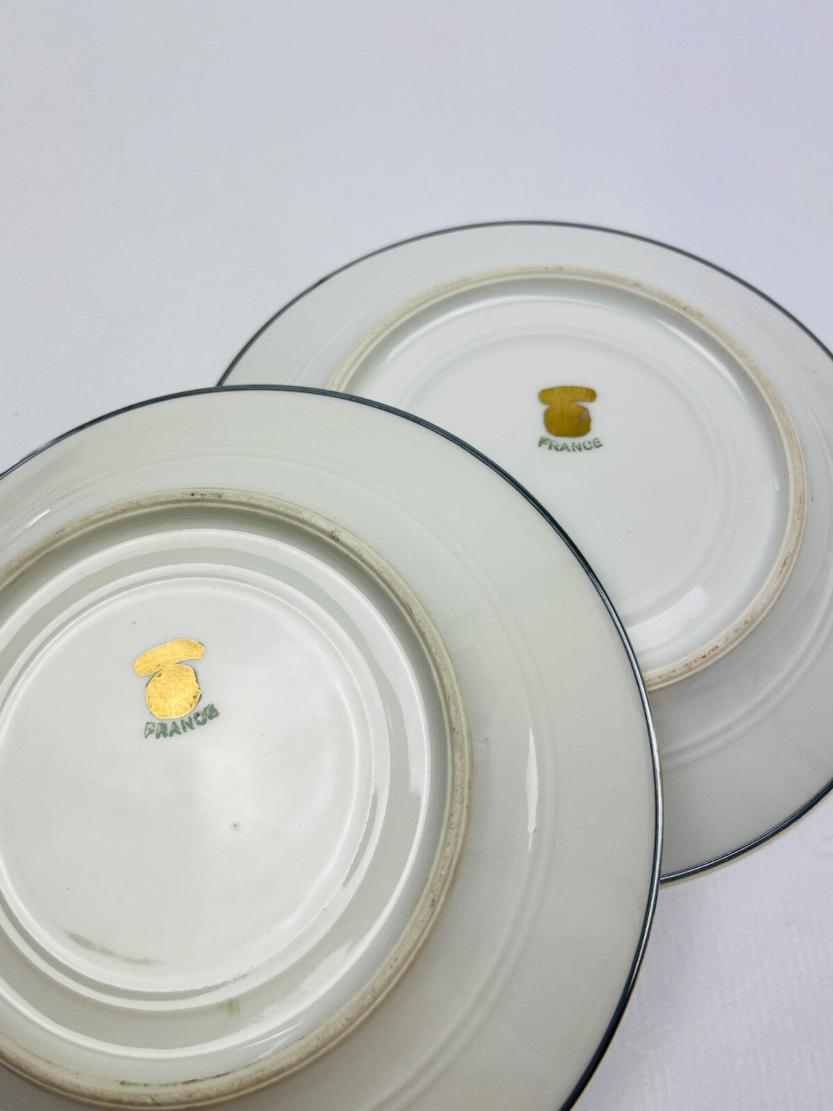 Paire d'Assiettes En Porcelaine Fine Cerclées d'Argent