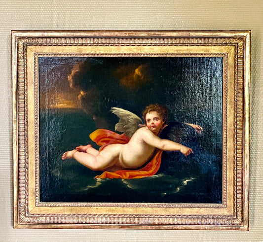 Huile Sur Toile, école Fin 17ème Début 18ème, Amour Tiré Par Un Dauphin