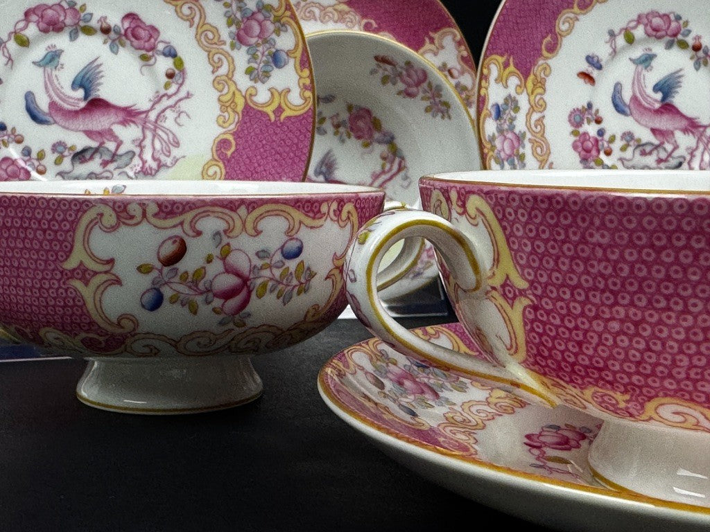 Minton, suite de 6 tasses à bouillon, pink cockatrice, oiseau de Paradis rose