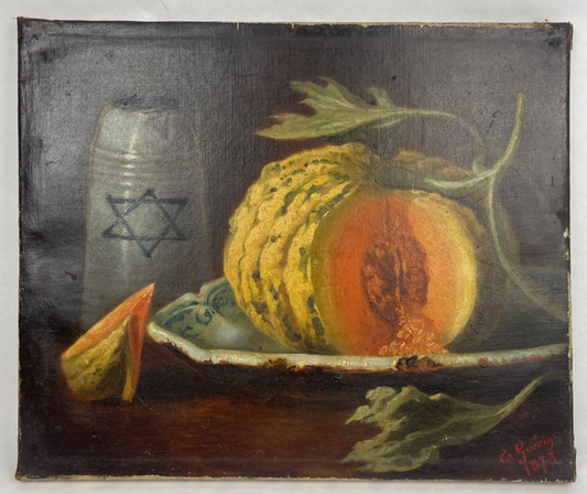 Nature morte melon et pichet à l'étoile - Ed. Guérin 1873 Huile/toile