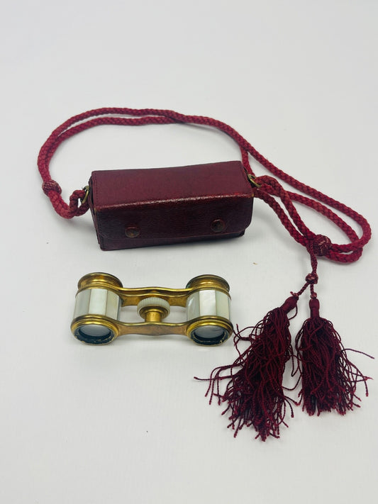 Toute petite paire de jumelles  de théâtre en nacre et son petit étui-minaudière