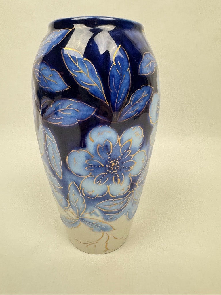 Vase n°7 Tharaud - Années 1950/60 - Décor Floral sur Fond Bleu et Or