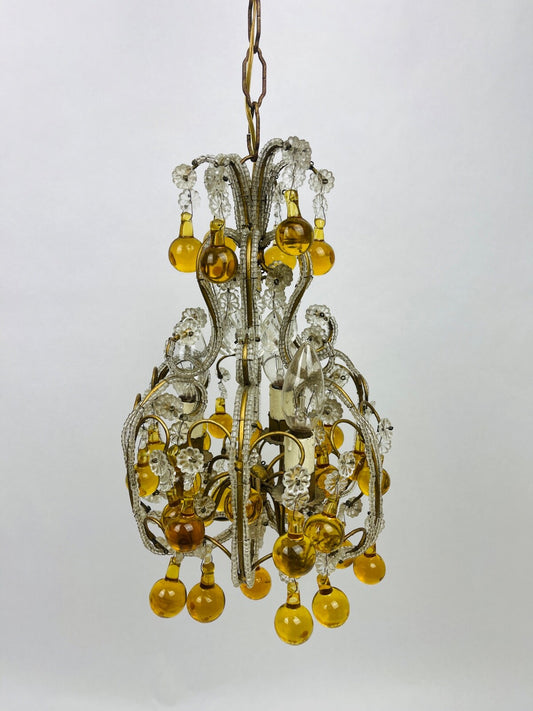 Petit lustre en perles de cristal, gouttes ambrées et laiton, Années 20/30