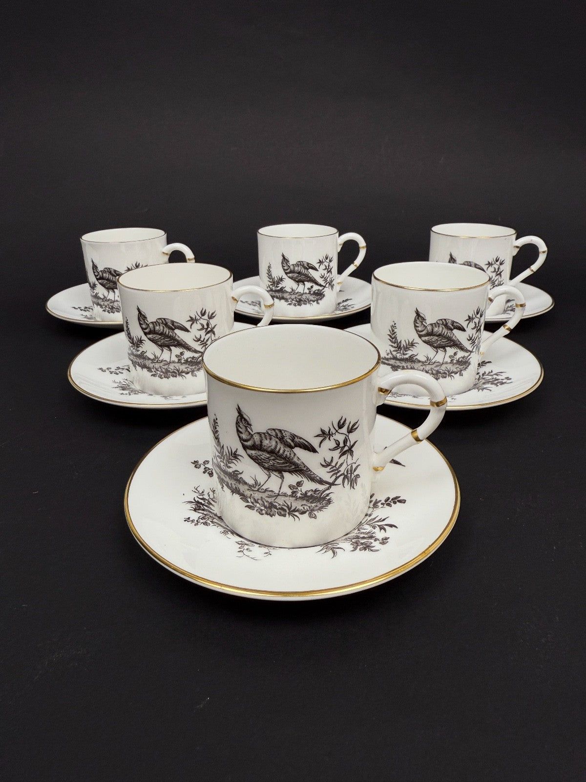 Suite de 6 tasses à café Royal Worcester, faisan noir