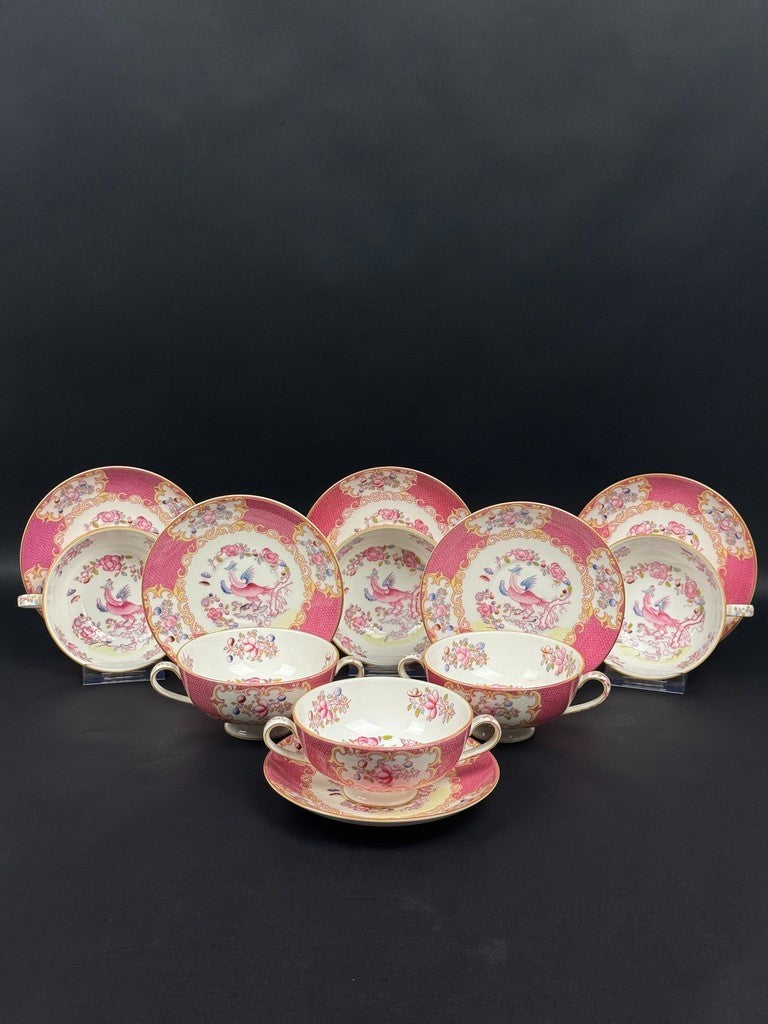 Minton, suite de 6 tasses à bouillon, pink cockatrice, oiseau de Paradis rose