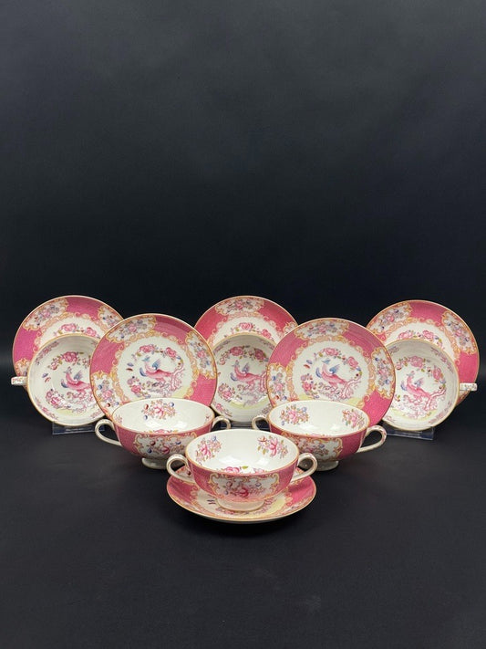Minton, suite de 6 tasses à bouillon, pink cockatrice, oiseau de Paradis rose