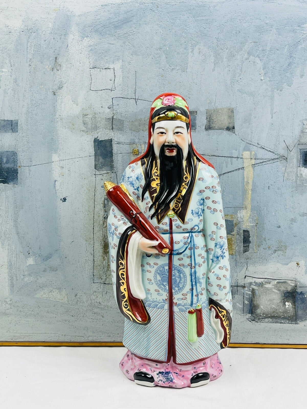Grande figurine en porcelaine Lu Xing, Étoile du bonheur, Astre de la prospérité