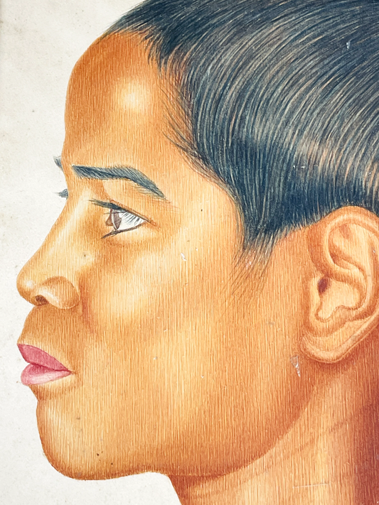 Tableau aquarelle  Portrait de jeune Malgache - Madagascar 1956