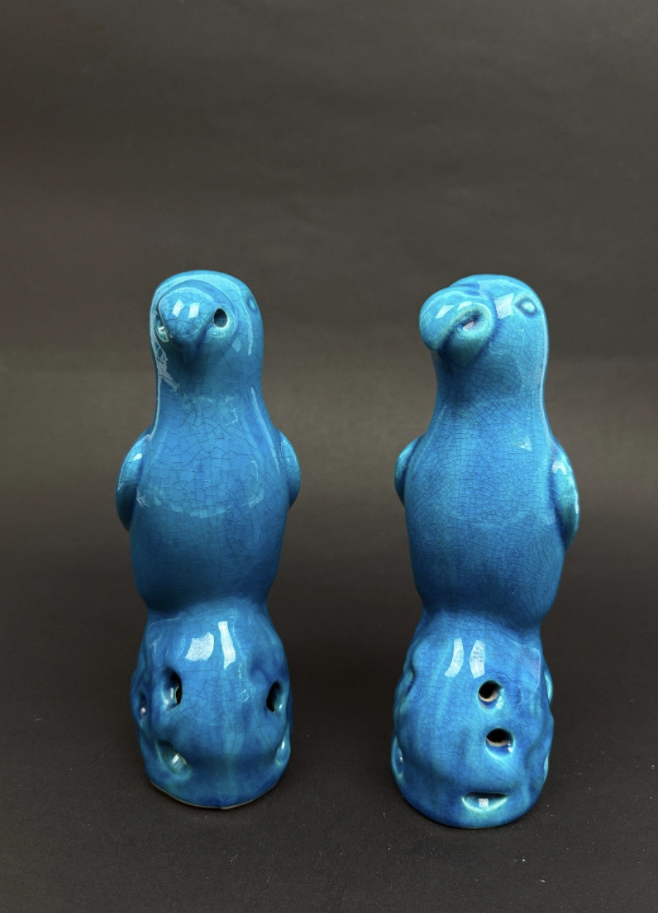 Paire de perruches en porcelaine bleue de Chine