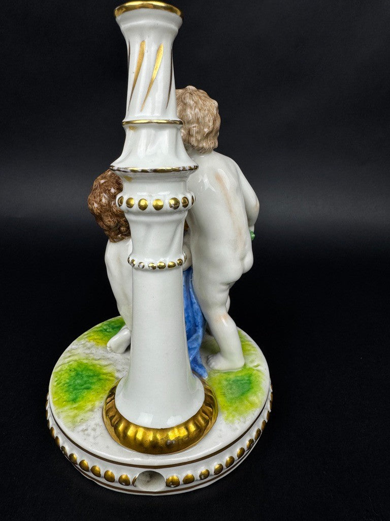 Pied de lampe, bougeoir ancien en porcelaine de Dresde, putti fleuris, XIXe