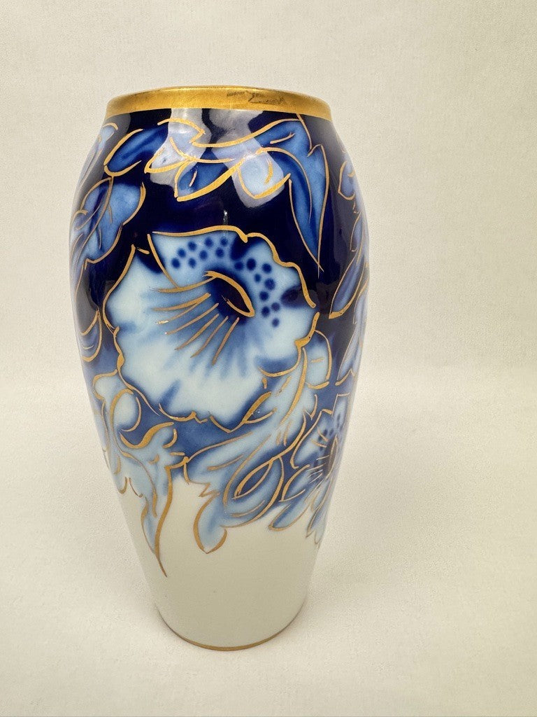 Vase n°6 Tharaud - Années 1950/60 - Décor Floral sur Fond Bleu Nuit, Filets Or