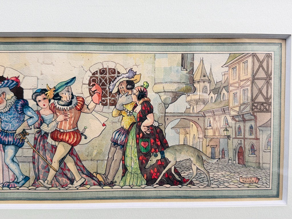 André Reuze (1896–1984) Aquarelle originale Scène de rue médiévale