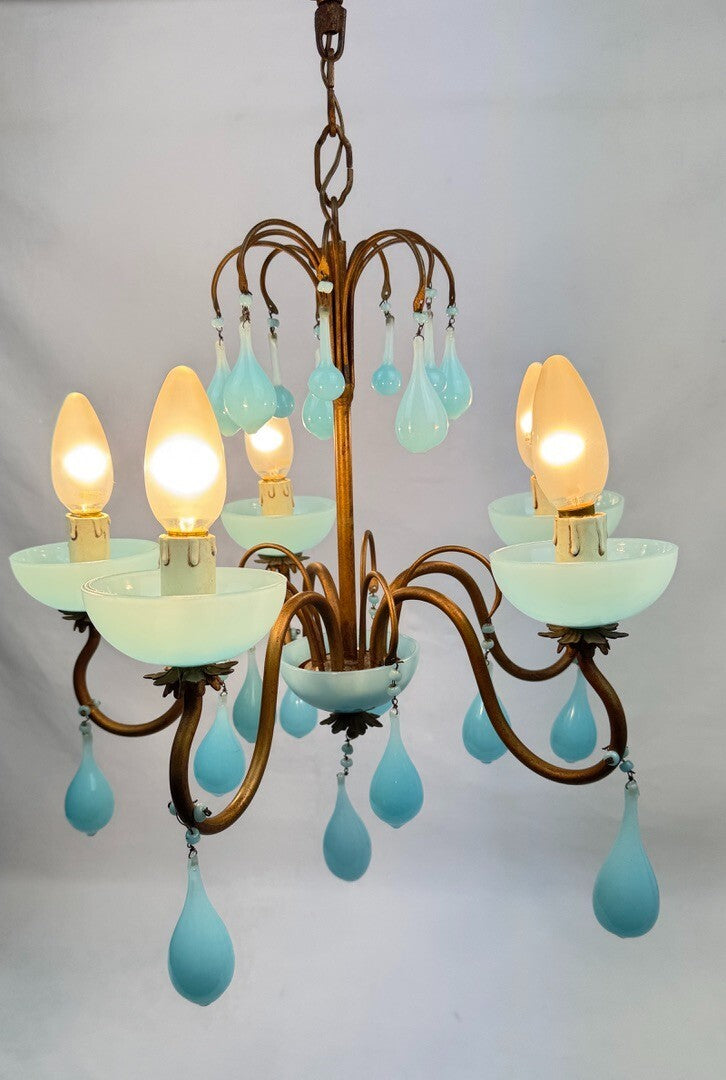 Lustre italien en laiton et opaline bleue, années 50