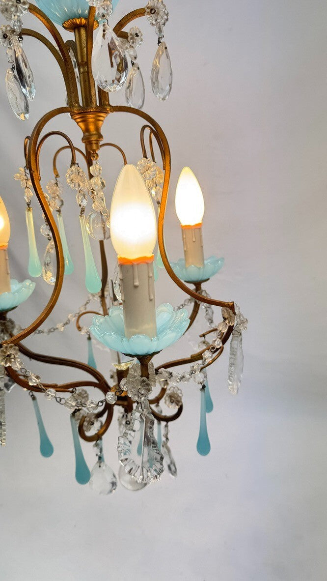 Petit lustre italien en laiton, opaline bleue et pampilles, années 50flag