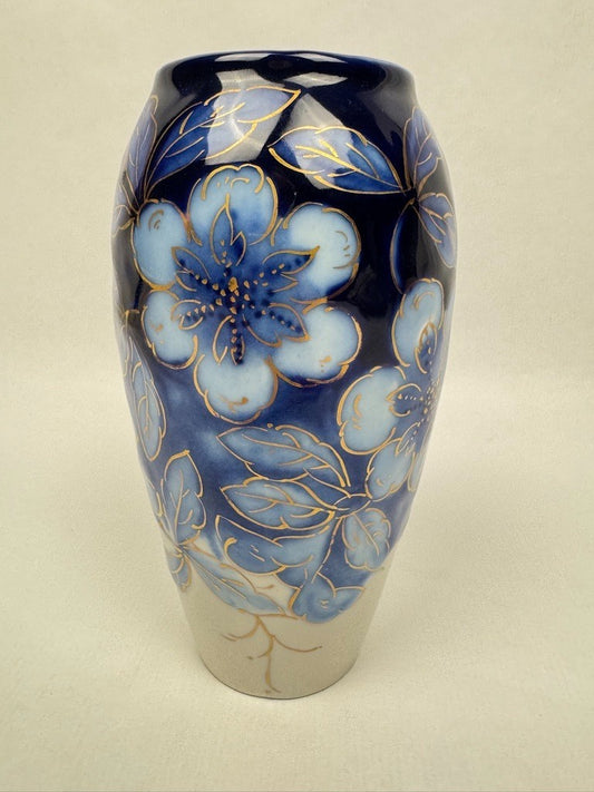 Vase n°7 Tharaud - Années 1950/60 - Décor Floral sur Fond Bleu et Or