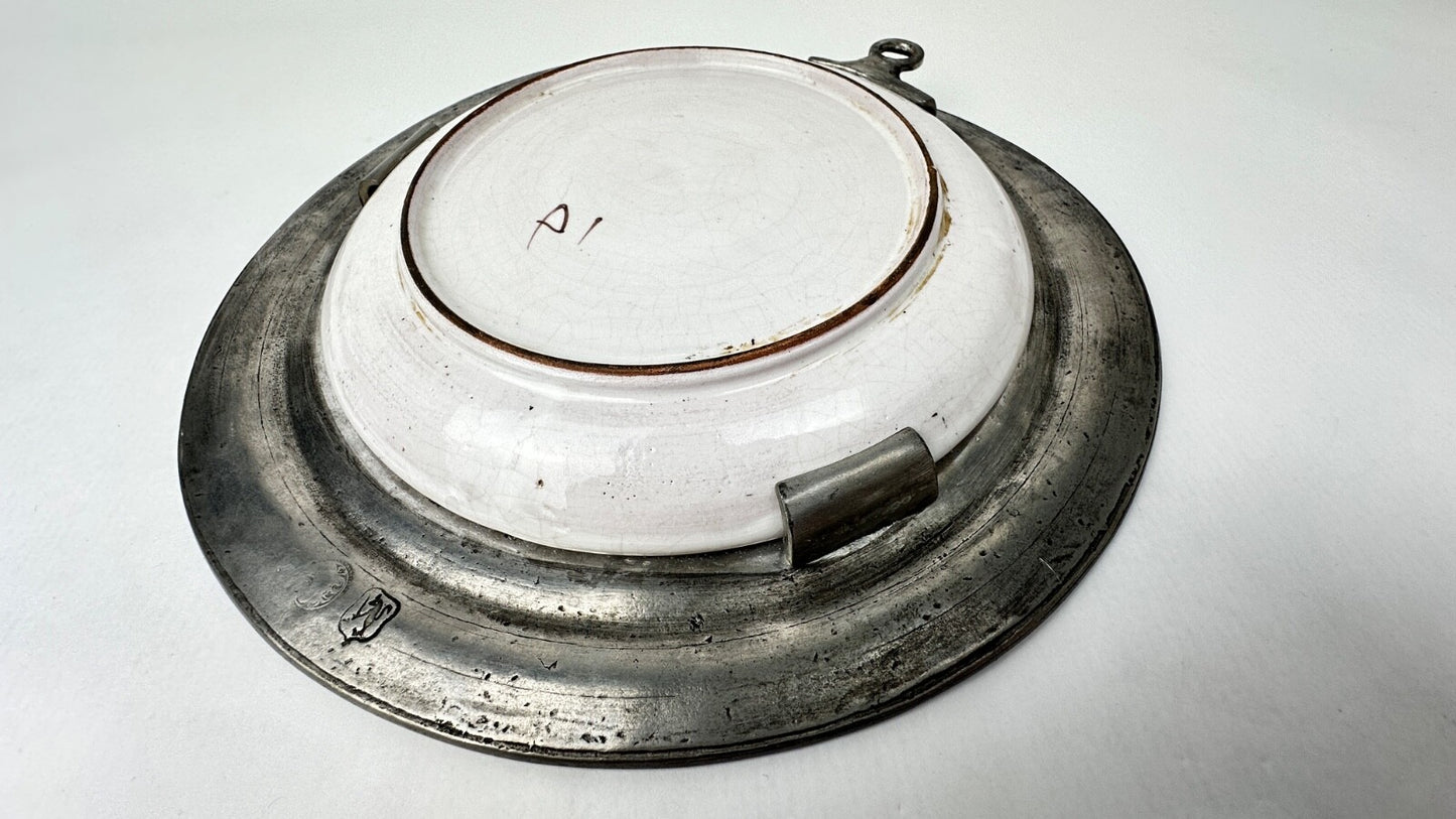 Assiette murale décorative faïence et étain au pissenlit